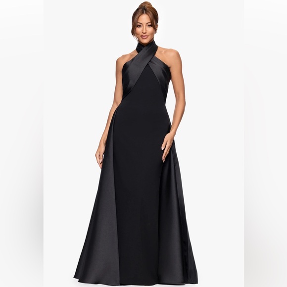Betsy & Adam Dina Scuba Crepe Halter Neck Gown